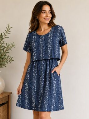 Polagram Blue Cottagecore Midi Dress Medium Pockets Lined Prairie Boho